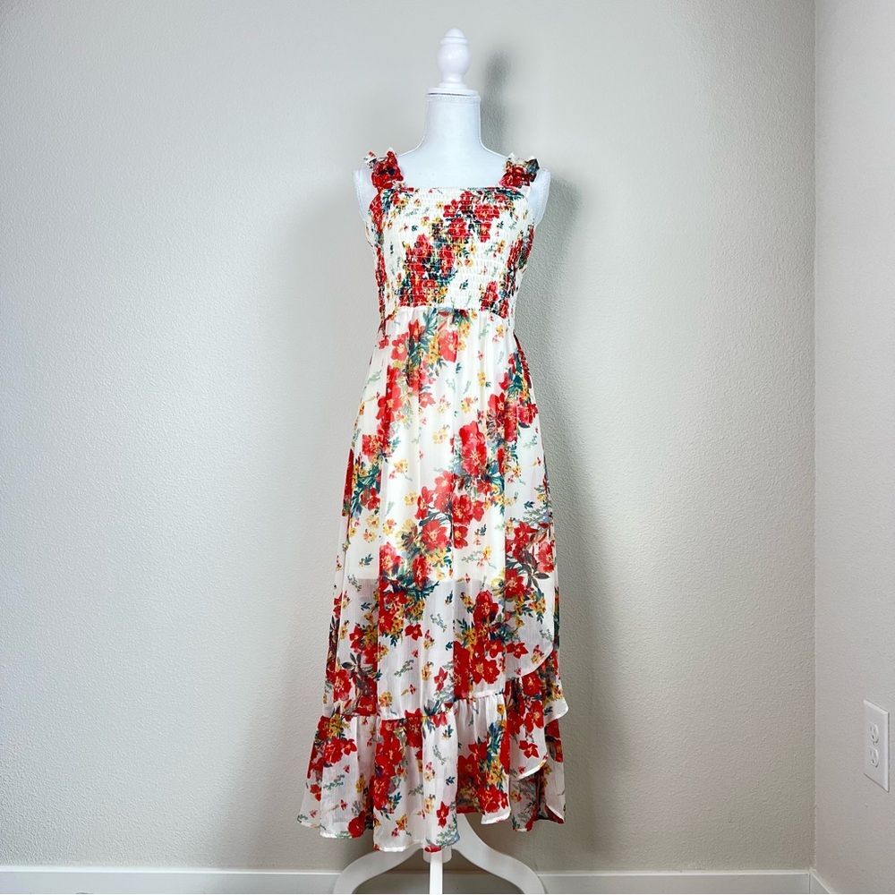 Maurices Floral Smocked Maxi Dress‎ Boho Cottagecore Ruffle High Low Sundress XS